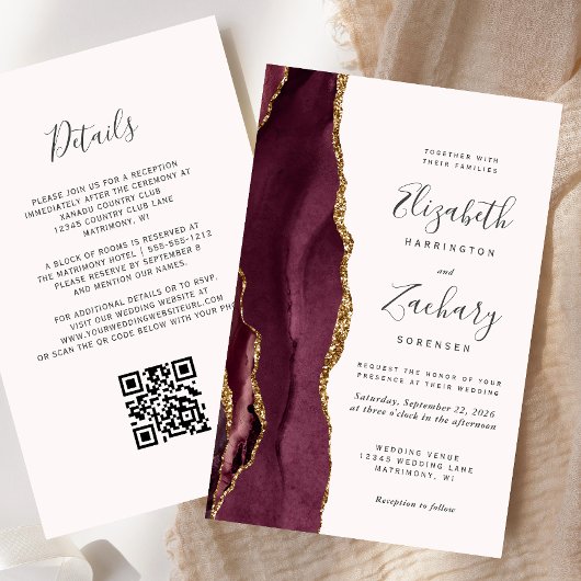Budget Burgundy Agate Blush QR Code Hochzeit