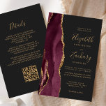 Budget Burgundy Agate Dark QR Code Hochzeit<br><div class="desc">Die links Seite dieses eleganten, modernen Hochzeitseinladens besticht durch eine bordeauxrote Aquarellgrenze, die mit vergoldetem Imitat bestickt ist. Der anpassbare Text kombiniert goldfarbene Handschrift, Copperplate und kursiv Schriftart auf einem schwarzen Hintergrund. Fügen Sie zusätzliche Details auf der Rückseite, zusammen mit einem QR-Code, um Ihren Gästen zu helfen, besuchen Sie Ihre...</div>