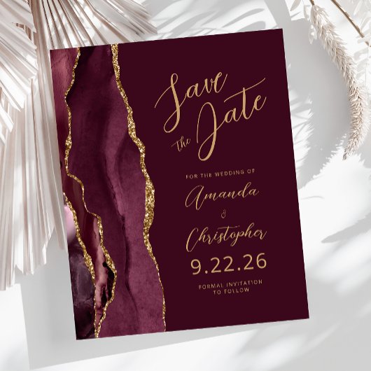 Budget Burgundy Agate Gold Script Save the Date