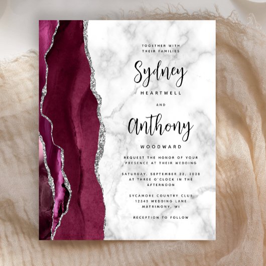 Budget Burgundy Agate Marble Calligraphy Wedding