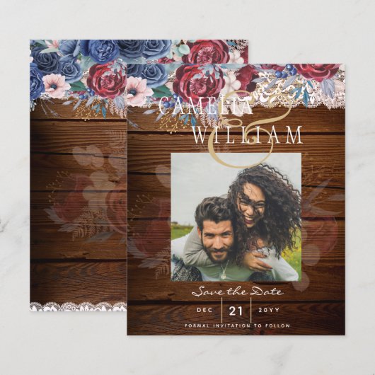 Budget Burgundy Blue Floral Lace Wedding RETT DATE (Vorne/Hinten)