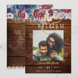 Budget Burgundy Blue Floral Lace Wedding RETT DATE Einladung