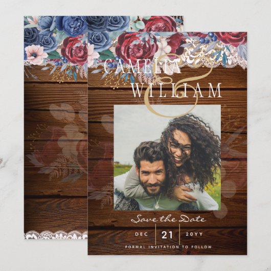 Budget Burgundy Blue Floral Lace Wedding RETT DATE Einladung (Vorne/Hinten)