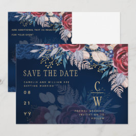 Budget Burgundy Blue Floral Lace Wedding RETT DATE Save The Date