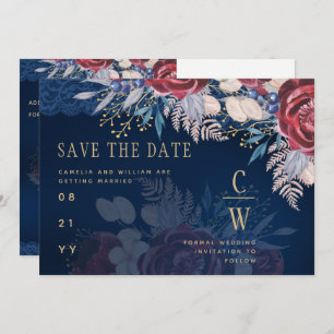 Budget Burgundy Blue Floral Lace Wedding RETT DATE Save The Date
