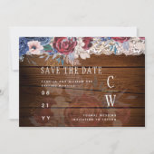 Budget Burgundy Blue Floral Lace Wedding RETT DATE Save The Date (Vorderseite)