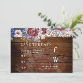 Budget Burgundy Blue Floral Lace Wedding RETT DATE Save The Date (Stehend Vorderseite)
