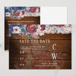 Budget Burgundy Blue Floral Lace Wedding RETT DATE Save The Date