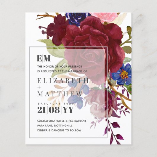 Budget Burgundy Blue Modern Floral Wedites (Vorderseite)