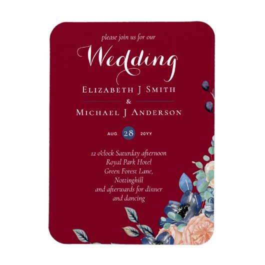 Budget Burgundy Blue Peach Floral Wedding Magnet (Vertikal)