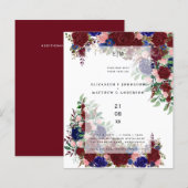 Budget Burgundy Blue Pink Floral Wedings Einladung (Vorne/Hinten)