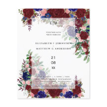Budget Burgundy Blue Pink Floral Wedings Einladung