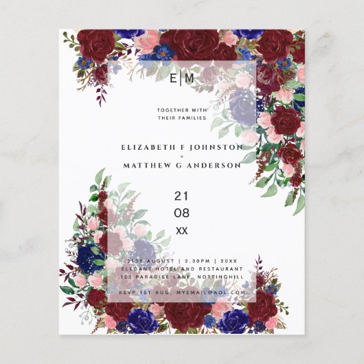 Budget Burgundy Blue Pink Floral Wedings Einladung (Vorderseite)