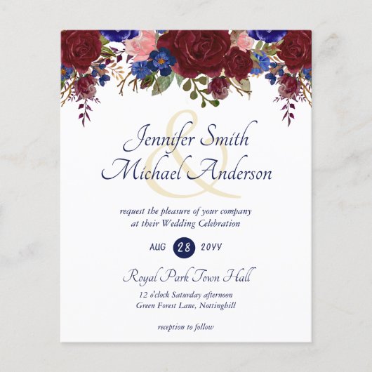 Budget Burgundy Blue Pink Hochzeitseinladungen (Vorderseite)