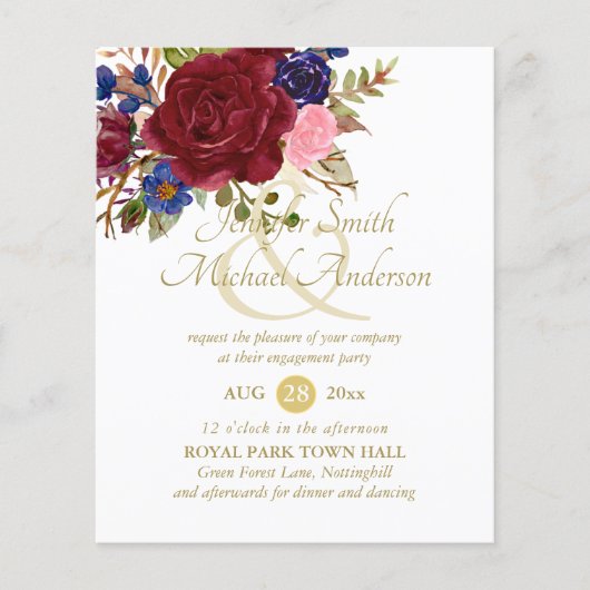 Budget Burgundy Blue Pink Rose Wedding Verlobung (Vorderseite)