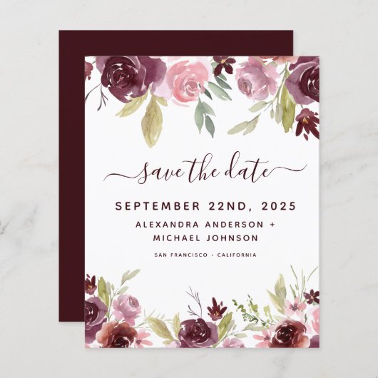 Budget Burgundy Blume Save the Date floral (Vorne/Hinten)