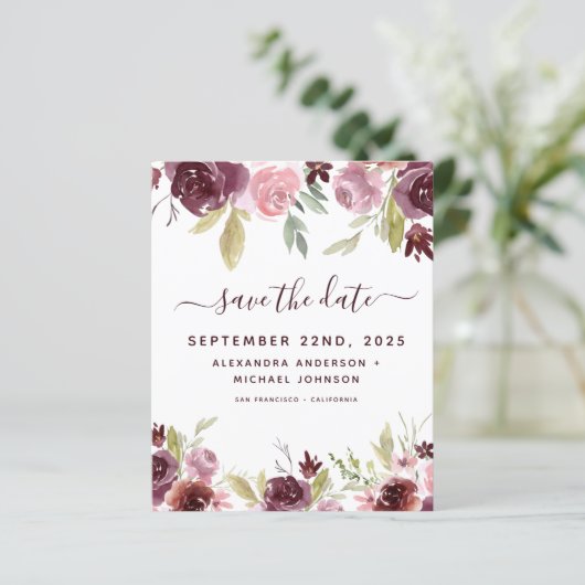 Budget Burgundy Blume Save the Date floral (Stehend Vorderseite)