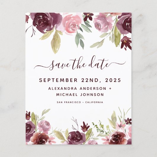 Budget Burgundy Blume Save the Date floral Flyer (Vorne)