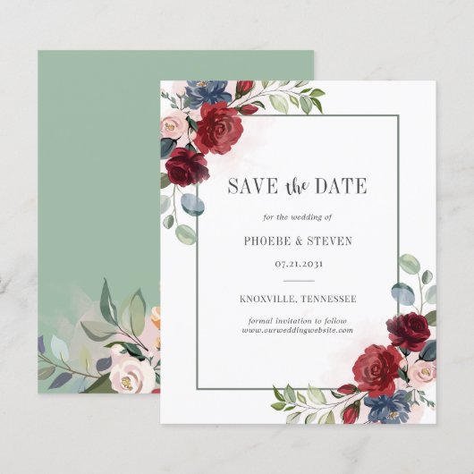 Budget Burgundy Blumengrün Save the Date (Vorne/Hinten)