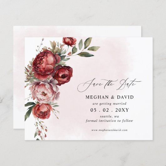 Budget Burgundy Blush Bloral Save the Date (Vorne/Hinten)