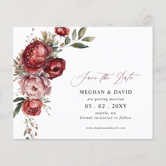 Budget Burgundy Blush Bloral Save the Date (Vorderseite)
