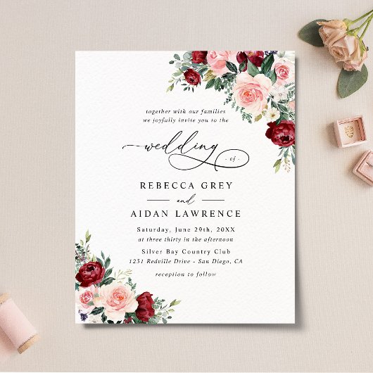 Budget Burgundy Blush Bloral Wedding Einladung