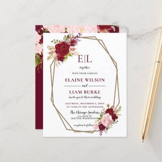 Budget Burgundy Blush Monogram Wedding Einladung (Vorderseite/Rückseite Beispiel)