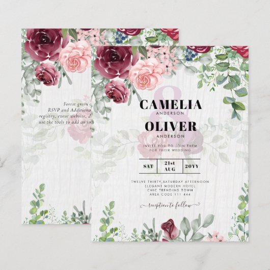 BUDGET Burgundy Blush Pink Floral Wedding INVITE (Vorne/Hinten)