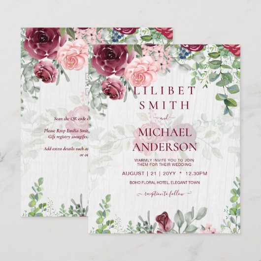 BUDGET Burgundy Blush Pink Floral Wedding INVITE (Vorne/Hinten)