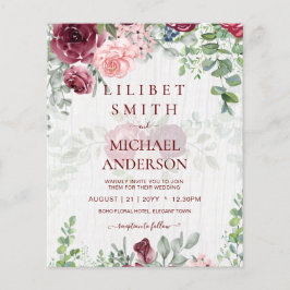 BUDGET Burgundy Blush Pink Floral Wedding INVITE Flyer