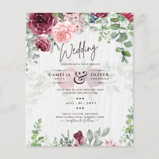 BUDGET Burgundy Blush Pink Floral Wedding INVITE Flyer (Vorne)