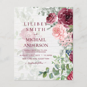 BUDGET Burgundy Blush Pink Floral Wedding INVITE Flyer