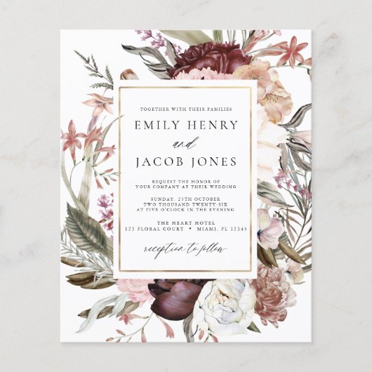 Budget Burgundy Boho Floral Wedding Einladung (Vorderseite)