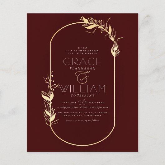 Budget Burgundy Botanical Gold Frame Wedding (Vorderseite)