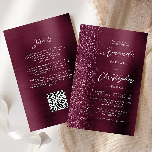 Budget Burgundy Brushed Metal QR Code Hochzeit
