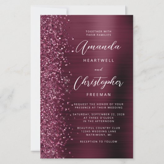 Budget Burgundy Brushed Metal QR Code Hochzeit (Vorderseite)