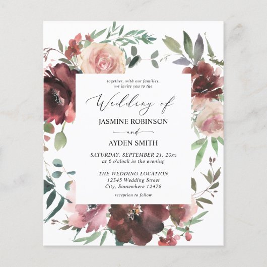 Budget Burgundy & Dusty Pink Floral 5 Hochzeit Flyer (Vorne)