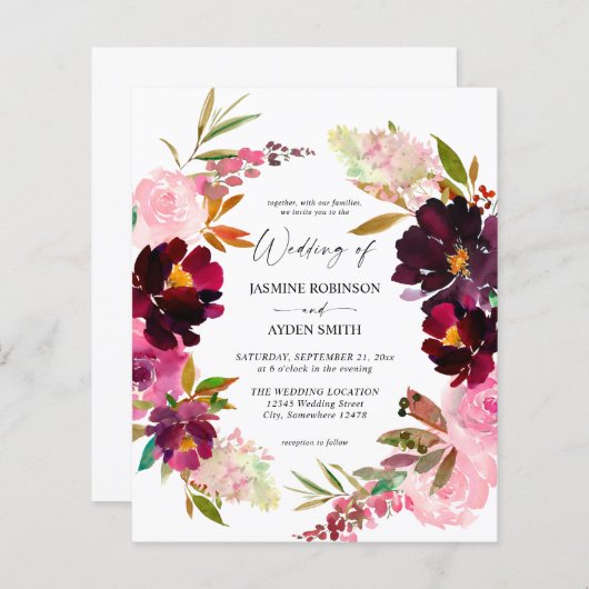 Budget Burgundy Dusty Pink Floral 5 Hochzeitspapie (Vorne/Hinten)