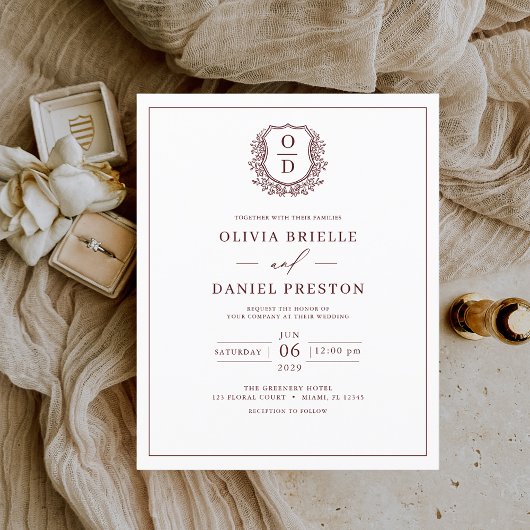 Budget Burgundy Elegante Wappen Hochzeit Einladung Flyer