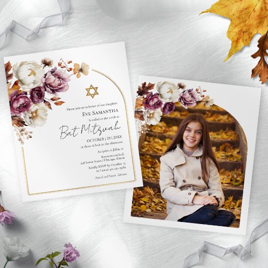 Budget Burgundy Fall Bat Mitzvah Foto Einladungen