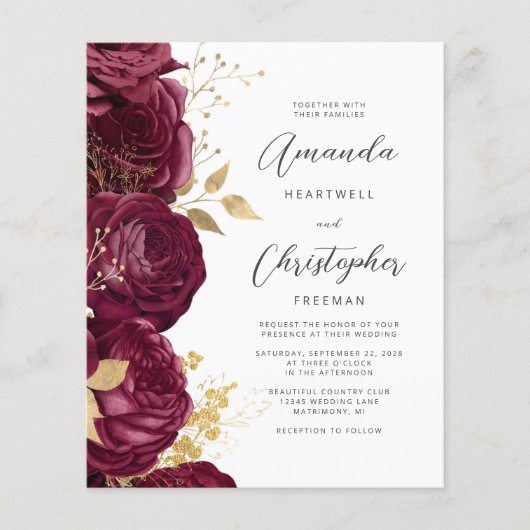 Budget Burgundy Floral Gold Script Einladung (Vorderseite)