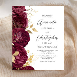 Budget Burgundy Floral Gold Script Einladung