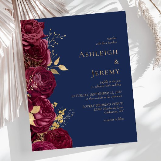 Budget Burgundy Floral Navy Blue Wedding Invite