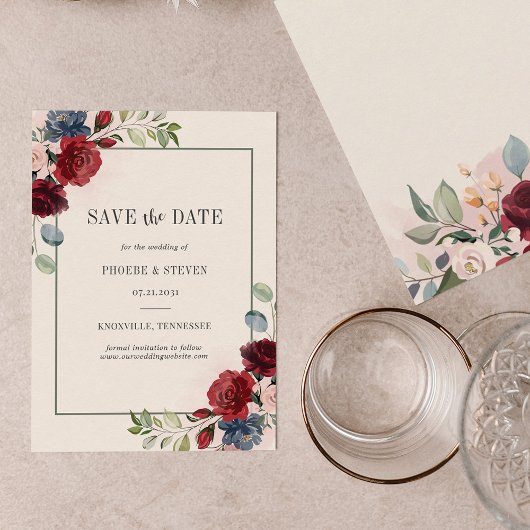 Budget Burgundy Floral Rustikal Save the Date