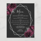 Budget Burgundy Floral Silver Black Wedding Menü (Vorderseite)