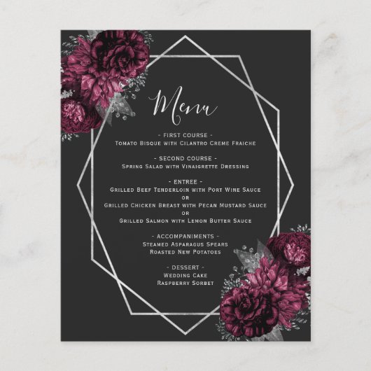 Budget Burgundy Floral Silver Black Wedding Menü (Vorderseite)