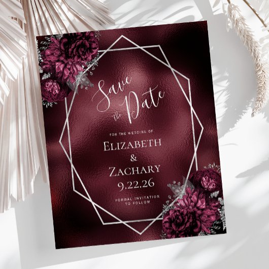 Budget Burgundy Floral Silver Geo Save the Date