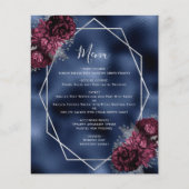 Budget Burgundy Floral Silver Navy Hochzeitsmenü (Vorderseite)