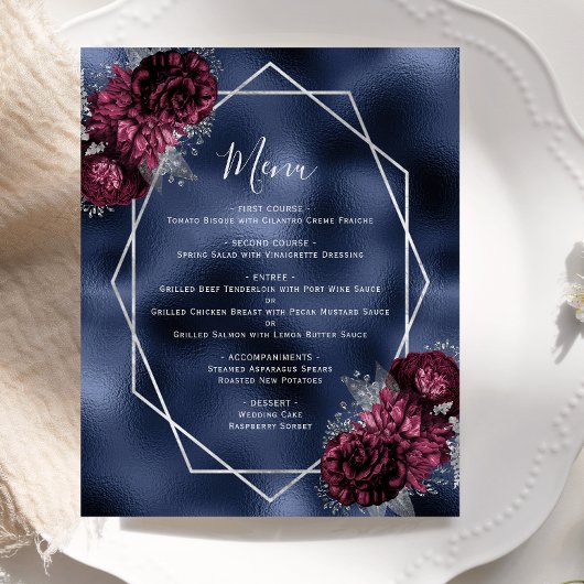 Budget Burgundy Floral Silver Navy Hochzeitsmenü