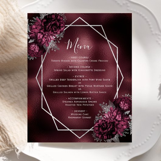 Budget Burgundy Floral Silver Wedding Menü